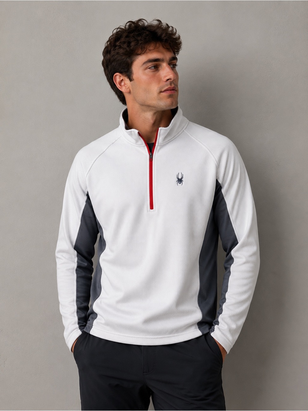 Spyder White Half-Zip Performance Jacket with Gray Panels and Red Zip